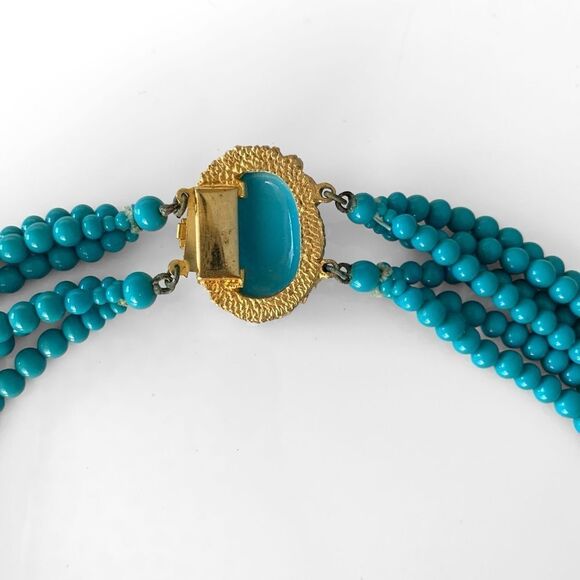 Vintage Glass Turquoise Muti Strand Carved Clasp Necklace - Picture 8 of 8